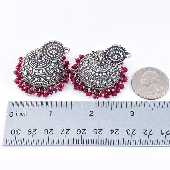 Vintage Silver Tone Red Glass Bead Indian Jhumka Earrings - Picture 7 of 7